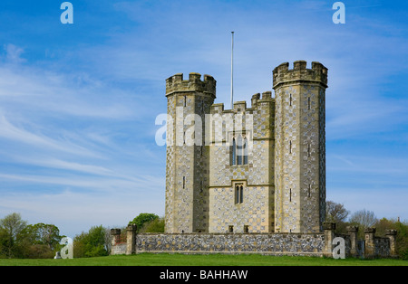 Hiorne Tower an 18th Century Folly on a fine Spring day, Arundel Park, Sussex Stock Photo