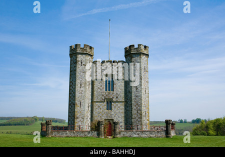 Hiorne Tower an 18th Century Folly on a fine Spring day, Arundel Park, Sussex Stock Photo