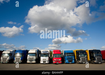 Row of trucks lorries at truck park Kent Stock Photo