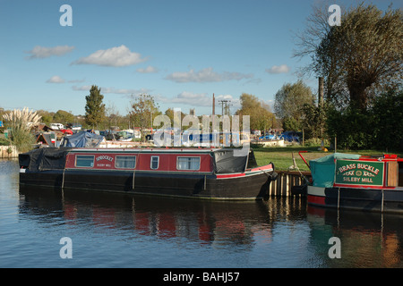 narrowboats moored on the River Soar at Sileby Mill, Leicestershire, England, UK Stock Photo