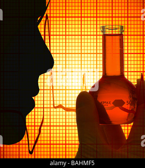 female doctor holding beaker with EKG in background Stock Photo