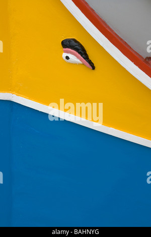 The Eye of Osiris painted on the bow of a traditional Luzzu fishing boat in Marsaxlokk, Malta. Stock Photo