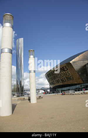 City of Cardiff, Wales. The Wales Millennium Centre, at Cardiff Bay waterfront with Roald Dahl Plass in the foreground. Stock Photo