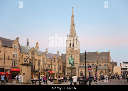 Market Place in city centre with a statue of Neptune and a bronze sculpture of Charles Stewart. Durham County Durham England UK Stock Photo