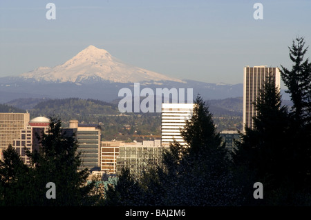 The Landmarks of Mt Hood and Portland Oregon seen from the hilltop in the west Stock Photo