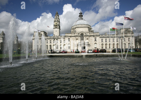 City of Cardiff, South Wales. Fountain and pool in front of the Cardiff City Hall. Stock Photo