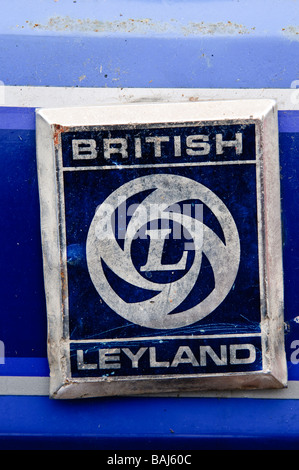 Closeup of blue British Leyland badge on blue bodywork Stock Photo
