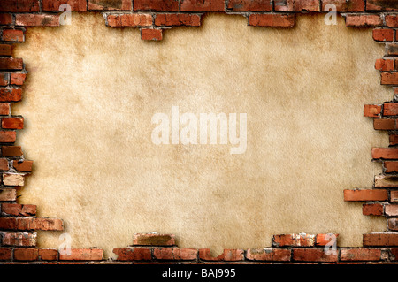 Grungy parchment paper background surrounded by red brick frame Stock Photo