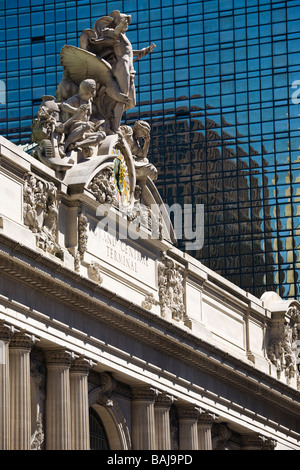 Main and statue on clock outside Grand Central Terminal railway station, in Madison Avenue, New York, America Stock Photo