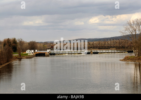 Erie Canal and lock in historic Mohawk river valley in upper state New York. Stock Photo