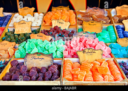 Selection of jelly and chocolate sweets at a market stall during a Medieval festival at Plaza de la Corredera,City of Cordoba. Stock Photo