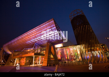 UK England Salford Quays Lowry Centre and Lyric Theatre entrance at night Stock Photo