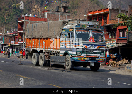 Colourful lorry transporting goods. Tata Bhutan Asia. Decorated in bright colours. Horizontal 92835 Nepal-Duman Stock Photo