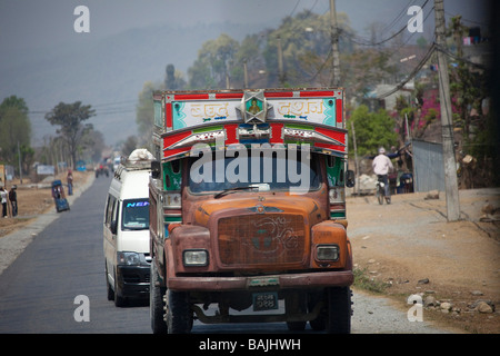 Colourful lorry transporting goods. Tata Bhutan Asia. Decorated in bright colours. Horizontal Stock Photo