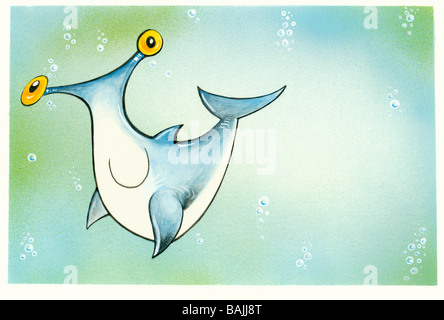 Cartoon of smiling hammerhead shark swimming in ocean Stock Photo