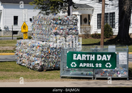 Earth day display of material ready for recycling in Lowville New York Stock Photo