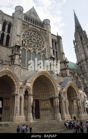 Looking up at landmark, Chartres Cathedral, Eure et Loir, France Stock Photo