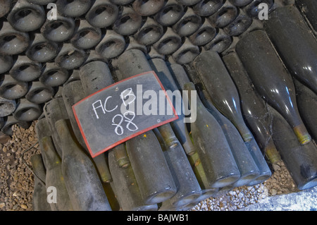 old bottles in the cellar chalk board domaine comte senard aloxe-corton cote de beaune burgundy france Stock Photo