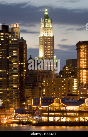 Woolworth Building and South Street Seaport below in lower Manhattan Stock Photo