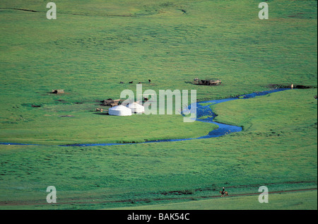 Mongolia, Arkhangai Province, Snake Valley, nomad camp and yurts Stock Photo