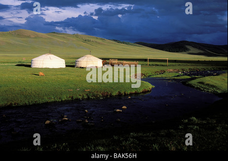 Mongolia, Arkhangai Province, Snake Valley, nomad camp and yurts Stock Photo