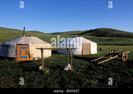 Mongolia, Arkhangai Province, Snake Valley, nomad camp and yurts Stock Photo