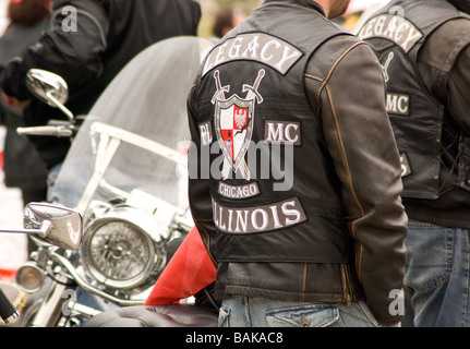 Member of Polish motorcycle clubs waits to ride in Chicago Polish Parade Stock Photo