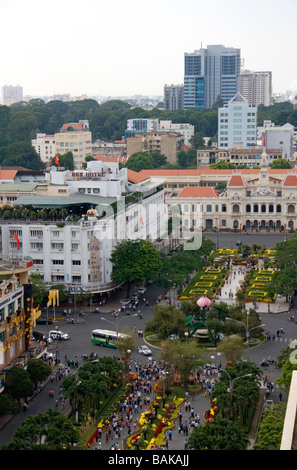 View of Hguyen Hue with flower displays in celebration of Tet Lunar New Year in Ho Chi Minh City Vietnam Stock Photo