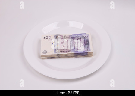 Stack of British money on a white plate Stock Photo