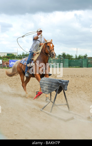 Cowboy practicing his roping skills with an iron calf at the Windy City Rodeo a gay rodeo held annually near Chicago Illinois Stock Photo