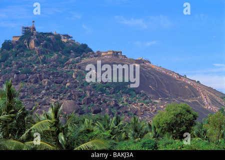 India, Karnataka State, Shravanabelagola is one of the most important Jain pilgrim centers, Indragiri Hill Stock Photo