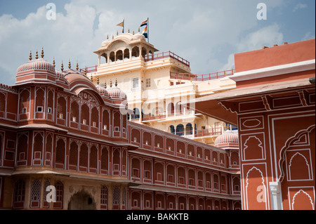 Jaipur City Palace of Jai Singh II Inner courtyard with the Riddhi Siddhi Pol and the Chandra Mahal Palace in the background Raj Stock Photo