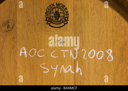 syrah barrel with stamp seguin moreau domaine giraud chateauneuf du pape rhone france Stock Photo