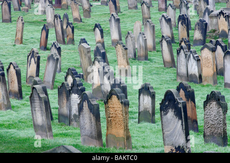 Headstones in graveyard. St Mary's church in Whitby, England. UK Stock Photo