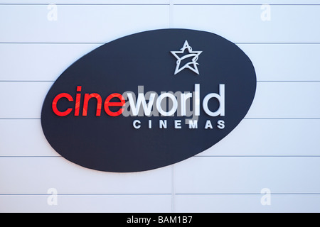 Cineworld cinemas sign with corporate logo outside cinema in Bedford