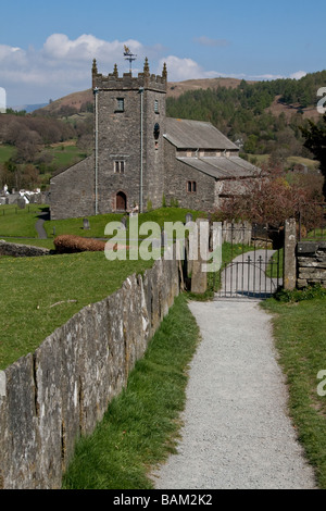 Path leading to St Michael and All Angel's Church, Hawkshead, Lake District, Cumbria Stock Photo