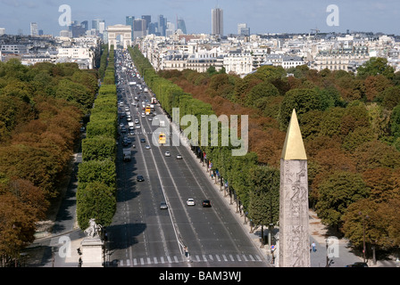 France, Paris, Champs Elysees avenue with the Arch of Triumph in the background and the obelisk of Concorde square in front Stock Photo