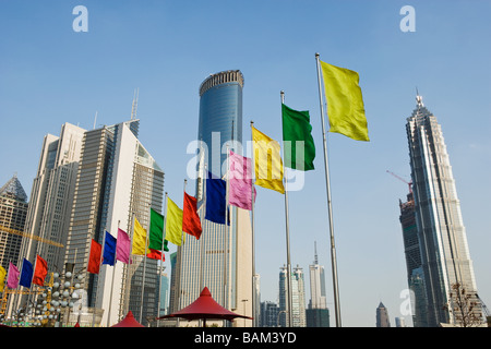 Skyscrapers and flags in pudong Stock Photo