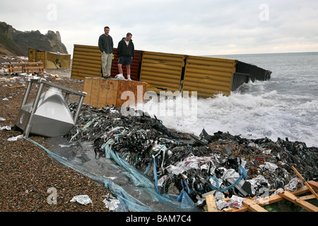 Branscombe Beach, Devon, after cargo washed up from the MSC Napoli Stock Photo