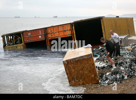 Branscombe Beach, Devon, after cargo washed up from the MSC Napoli Stock Photo