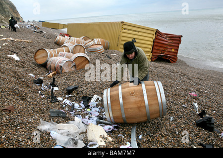 Branscombe Beach, Devon, after cargo washed up from the MSC Napoli Stock Photo