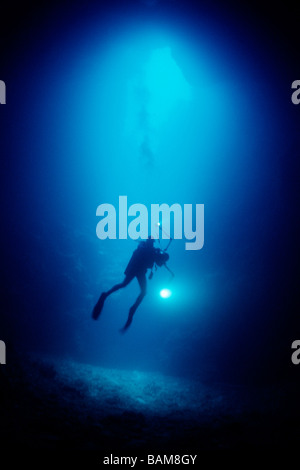 Diver in Blue Hole Cave Pacific Micronesia Palau Stock Photo