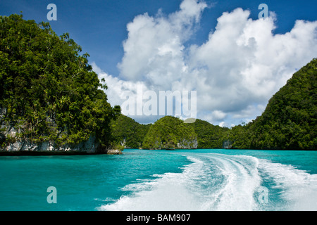Boat Trip through Rock Islands Pacific Micronesia Palau Stock Photo