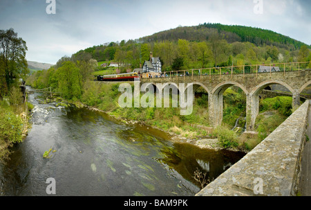 LLangollen Steam and Stars Gala 2009. Berwyn station high above the river Dee with tank engine. Stock Photo