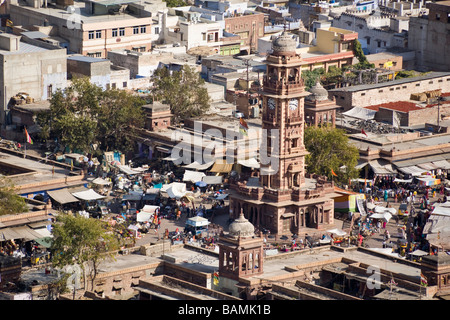 Overlooking Ghanta Ghar clock tower and Sardar Market, from Mehrangarh Fort, Jodhpur, Rajasthan, India Stock Photo