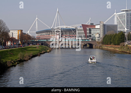 Cardiff Millennium Stadium City Skyline, River Taff Wales UK, urban cityscape Welsh capital British city Stock Photo