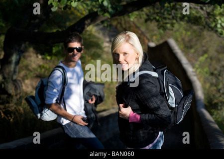 Young couple hiking at the Great Wall of China Stock Photo