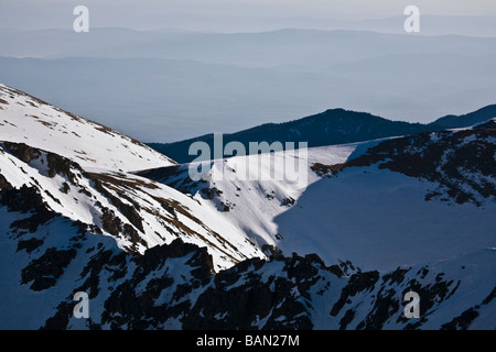 winter scenery, view from Mussala peak, Trionite ridge, Rila mountain, the highest place on Balkans peninsula, Bulgaria Stock Photo