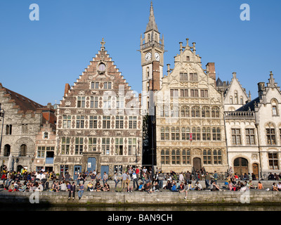 Crowds of people at the riverside of Graslei,Ghent Stock Photo