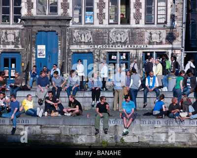 Crowds of people at the riverside of Graslei,Ghent Stock Photo